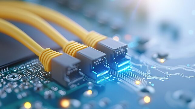 Close-up of ethernet cables connected to a circuit board.