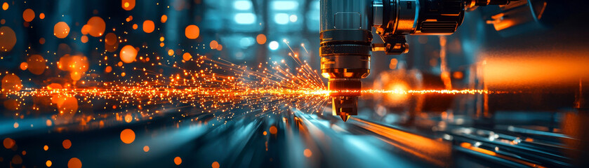 A high-tech laser cutting process with sparks flying, showcasing advanced technology in a modern industrial setting.