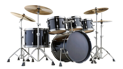 Black drum set with cymbals isolated on transparent background