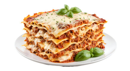 A square portion of lasagna with layers of pasta, meat sauce, and melted cheese, garnished with fresh basil. Transparent PNG for easy use. Ideal for restaurant menus, food blogs, or recipe websites.