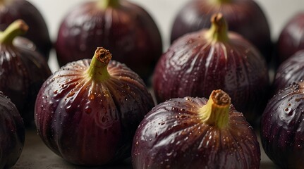 Fototapeta premium One single ripe fig, with dark purple skin and green stalk, sits on a white background. Figs are perfectly round and smooth, with a glossy sheen.