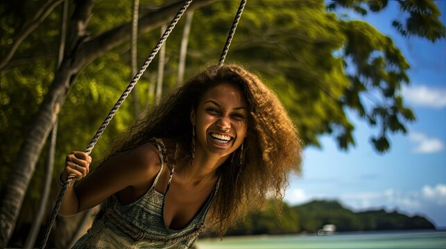 A woman with curly hair is swinging on a swing, smiling and enjoying the sun. A happy and carefree vacation. The action takes place on a beach with palm trees in the background. Illustration. - Powered by Adobe
