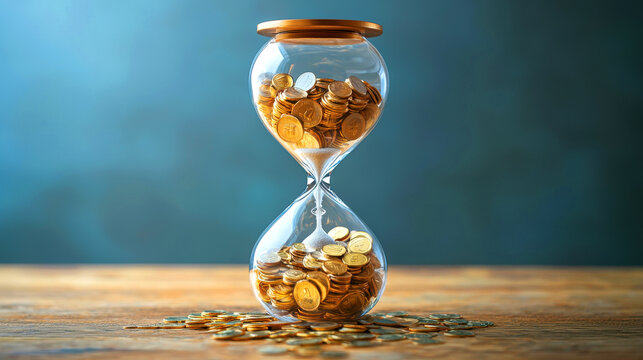 A stunning hourglass filled with coins symbolizes the value of time and money, capturing the essence of financial growth.