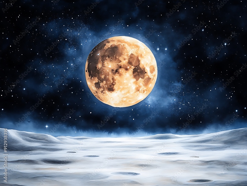 Canvas Prints watercolor scene of the moon's surface with craters and stars in the background