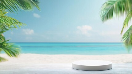 White podium on a tropical beach with palm tree and blue sky.