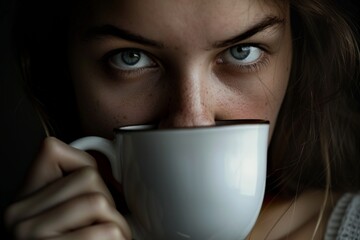 A woman is holding a white coffee cup and looking at the camera