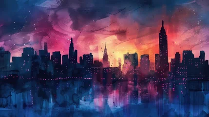 Fotobehang Aquarelschilderij wolkenkrabber  Vibrant watercolor painting of a city skyline at sunset, with deep blues, purples, and warm oranges reflecting off the water.  © linda