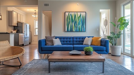  Inviting living room with blue couch wooden table