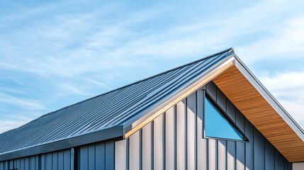 Roof of a contemporary house with geometric lines against a blue sky