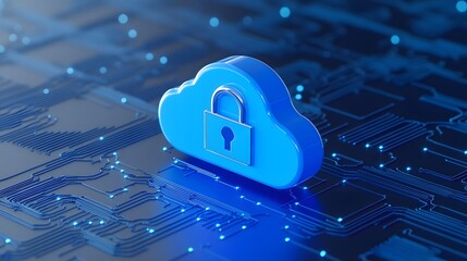 3D cloud with padlock symbolizing data and cloud security on a digital motherboard with glowing blue nodes.
