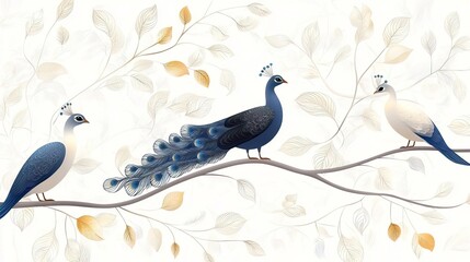 Design an Art Nouveau inspired pattern for wallpaper, featuring peacocks and exotic flowers