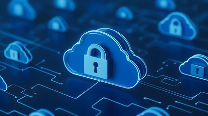 3D cloud with padlock, symbolizing data security and protection in cloud computing, against a blue digital background.