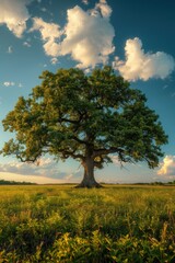 Large tree in a field with a sky background, Nature background, Vertical background