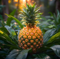 Obraz premium Ripe pineapple with leaves in sunlight in natural background.