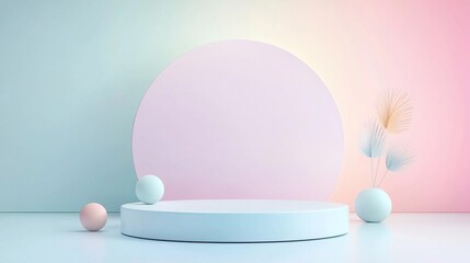 Abstract 3D podium with pastel colors and geometric shapes.