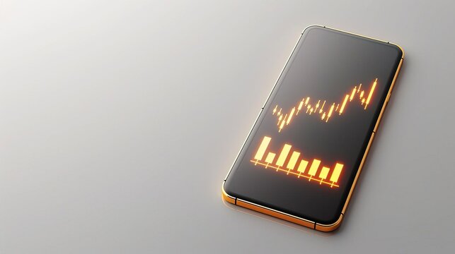 Black smartphone with golden stock ticker scrolling.