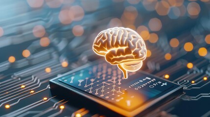 Golden microchip brain, artificial intelligence in finance.