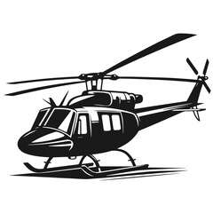 Black and white vector silhouette of a helicopter isolated on white background