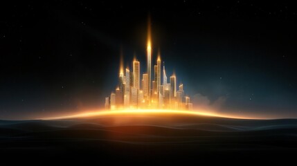A glowing city on a desert planet with a starry sky above.