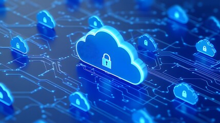 3D illustration of a cloud computing concept with a secure lock symbol, representing data protection and cybersecurity in the digital world.
