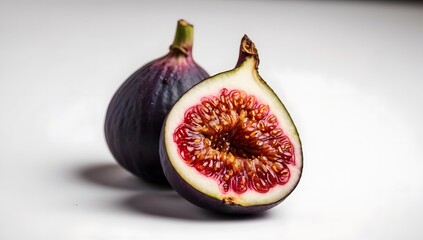 Photo of halved figs, both with dark purple skin and red inside, placed on a white background.