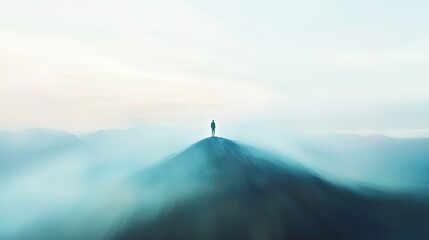 A blurred image of a lone figure standing on a mountain peak, the landscape a vast blur of mountains and clouds, capturing the feeling of awe and insignificance in the face of nature's grandeur.