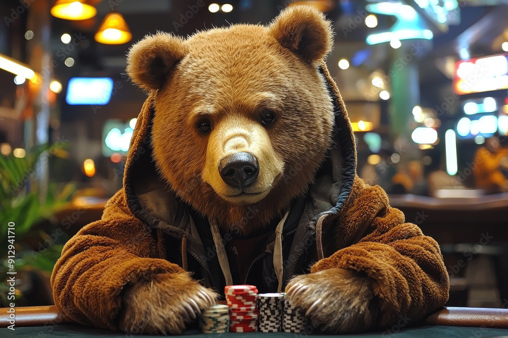 Wall mural animal bear plays poker blackjack in a casino, fantasy