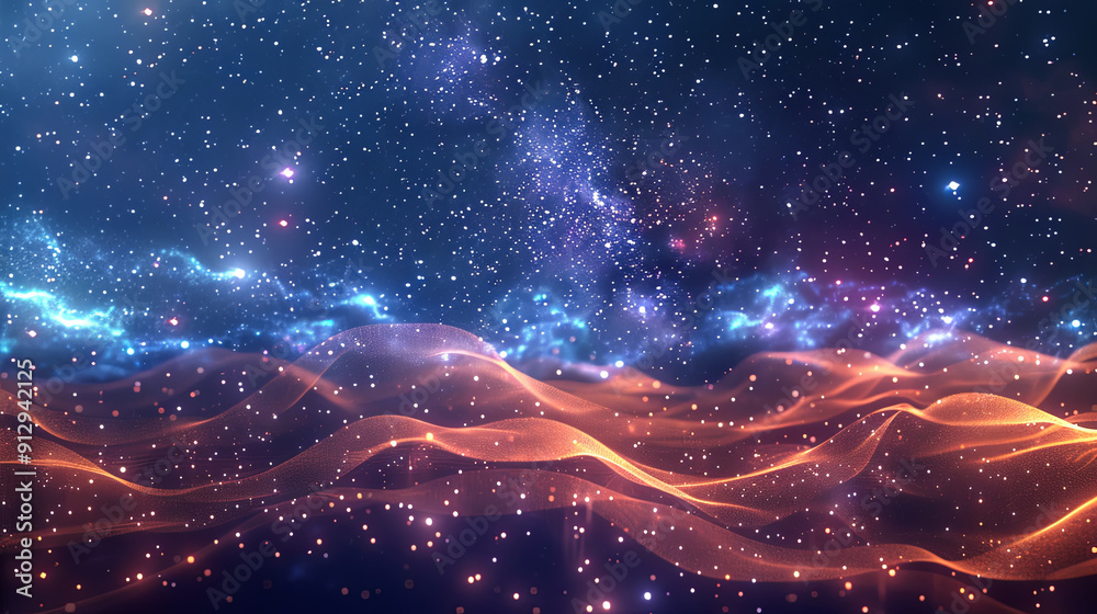Wall mural abstract digital wave particles flowing in cyberspace technology background with glowing orange ligh