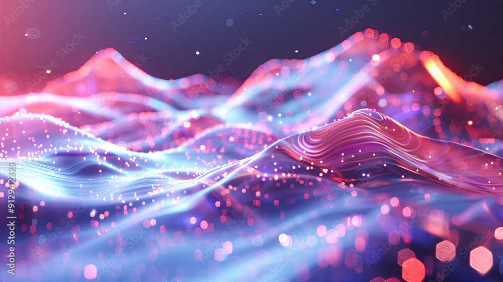 Poster abstract digital landscape with flowing particles and bokeh effect cyber futuristic background big d