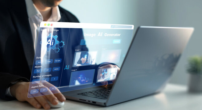 Person using AI software to generate images with  futuristic platform user interface. Image AI generator conceptArtificial Intelligence Image Content Generator.AI image creation service technology.