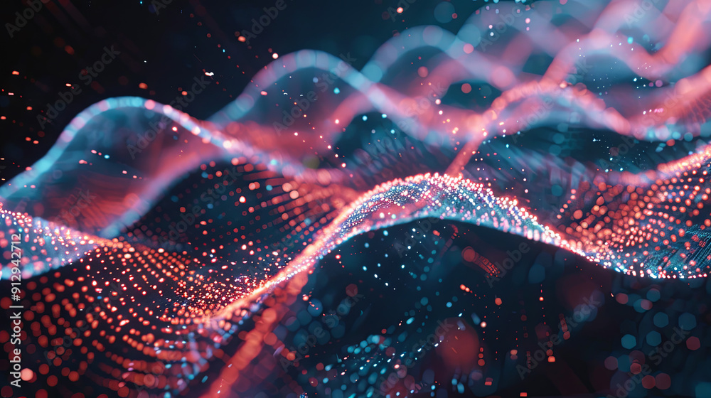 Poster Abstract background wave flow digital data network connection technology big data cloud computing futuristic information concept red blue light blur bokeh defocused