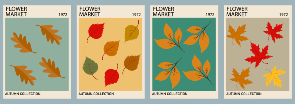 Retro autumn collection Flower Market posters with colorful fall leaves on textured backgrounds. Trendy botanical wall arts with autum leaves. Modern naive funky interior decorations. Vector art.