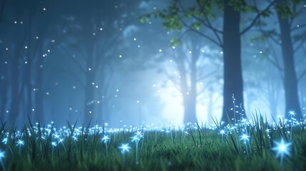 Obraz premium Enchanted forest at night with glowing flowers and fireflies.