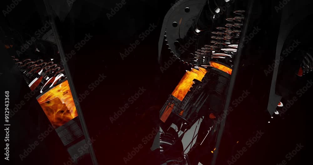 Aufkleber Camera Flying To Powerful V8 Engine. Passing By Cooling Fan Blades. Industry Related High Quality 3D 4K Animation.