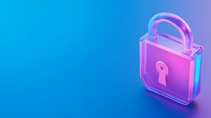 3D illustration of a pink transparent lock on a blue background, depicting security, privacy, and protection in a digital environment.