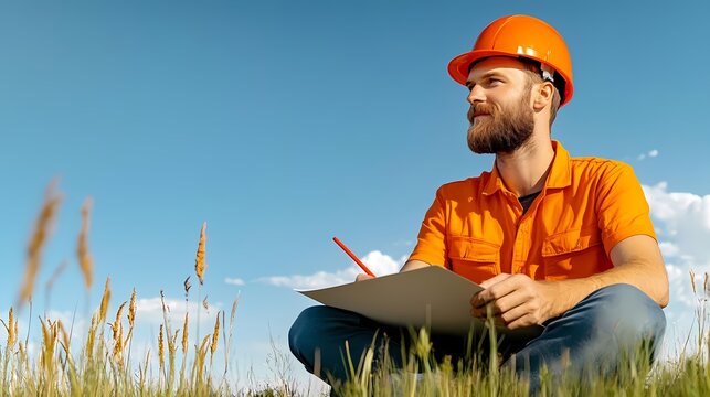 A construction worker in an orange shirt and hard hat, sitting in a field, focused on taking notes in a scenic outdoor setting.