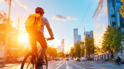 A cyclist rides through a city at sunset, capturing a moment of urban freedom and adventure against a stunning skyline.