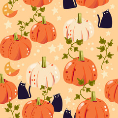 Autumn fall seamless pattern with pumpkins, cats, leaves, moon and stars on light brown background. Colorful vector illustration.