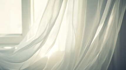 White curtains blowing softly in the breeze from an open window, captured up close for a fresh, airy feel