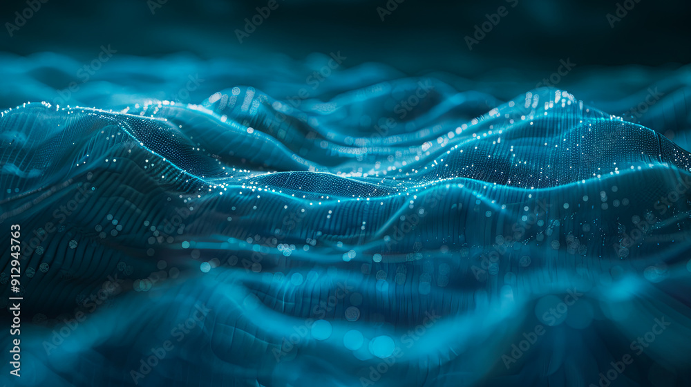 Poster abstract blue digital landscape with flowing particles and network connection big data visualization