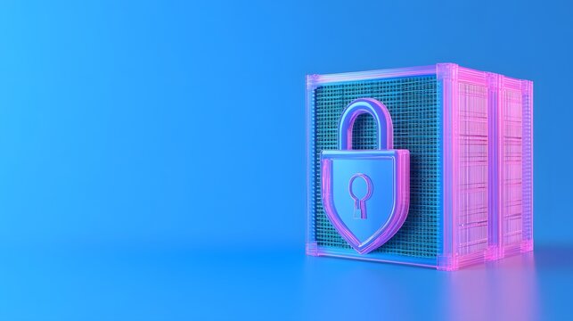 3D illustration of a secured server with a padlock icon in blue and pink hues, representing data protection and cybersecurity.