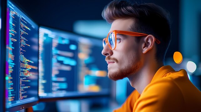 A focused programmer in orange attire works late at night, analyzing code on dual monitors in a tech-savvy environment.
