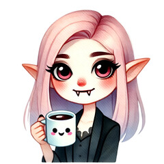 Adorable anime-style vampire girl with pink hair, fangs, and large eyes, holding a cute coffee mug with a smiling face.