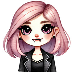 Adorable anime-style vampire girl with pink hair, large eyes, and fangs, dressed in a black outfit with a stylish blazer.