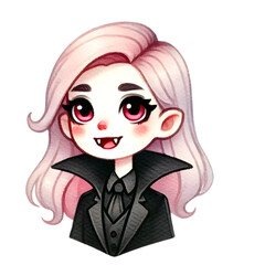 Adorable chibi-style vampire girl with pink hair, red eyes, and fangs, dressed in a black suit with a high collar, perfect for Halloween or fantasy themes.