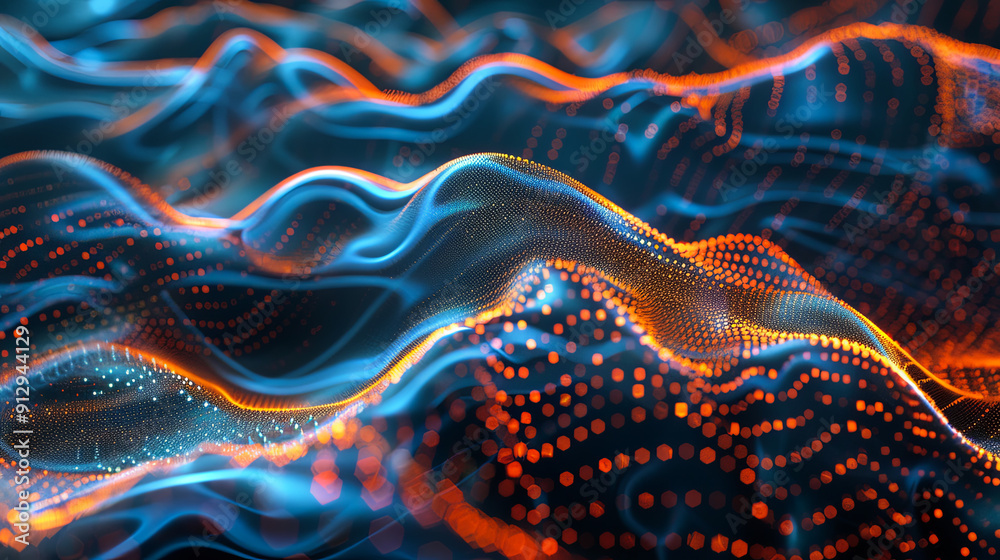 Poster abstract blue and orange wavy digital particles background big data visualization network connection