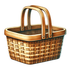 Realistic illustration of an empty woven wooden picnic basket with double handles, perfect for outdoor and picnic-themed designs.