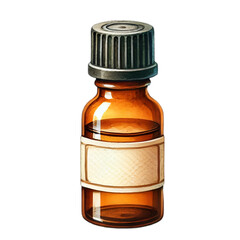 Realistic illustration of a small amber glass bottle with a black cap and a blank label, ideal for medical, cosmetic, or essential oil themes.
