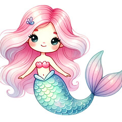 Cute mermaid with flowing pink hair, a pastel green and pink tail, and a sweet expression, illustrated in a kawaii style.