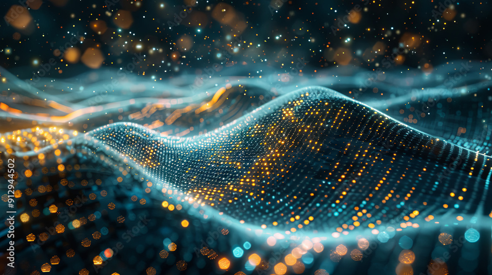 Poster abstract digital wave background with flowing particles cyber technology background with glowing dot